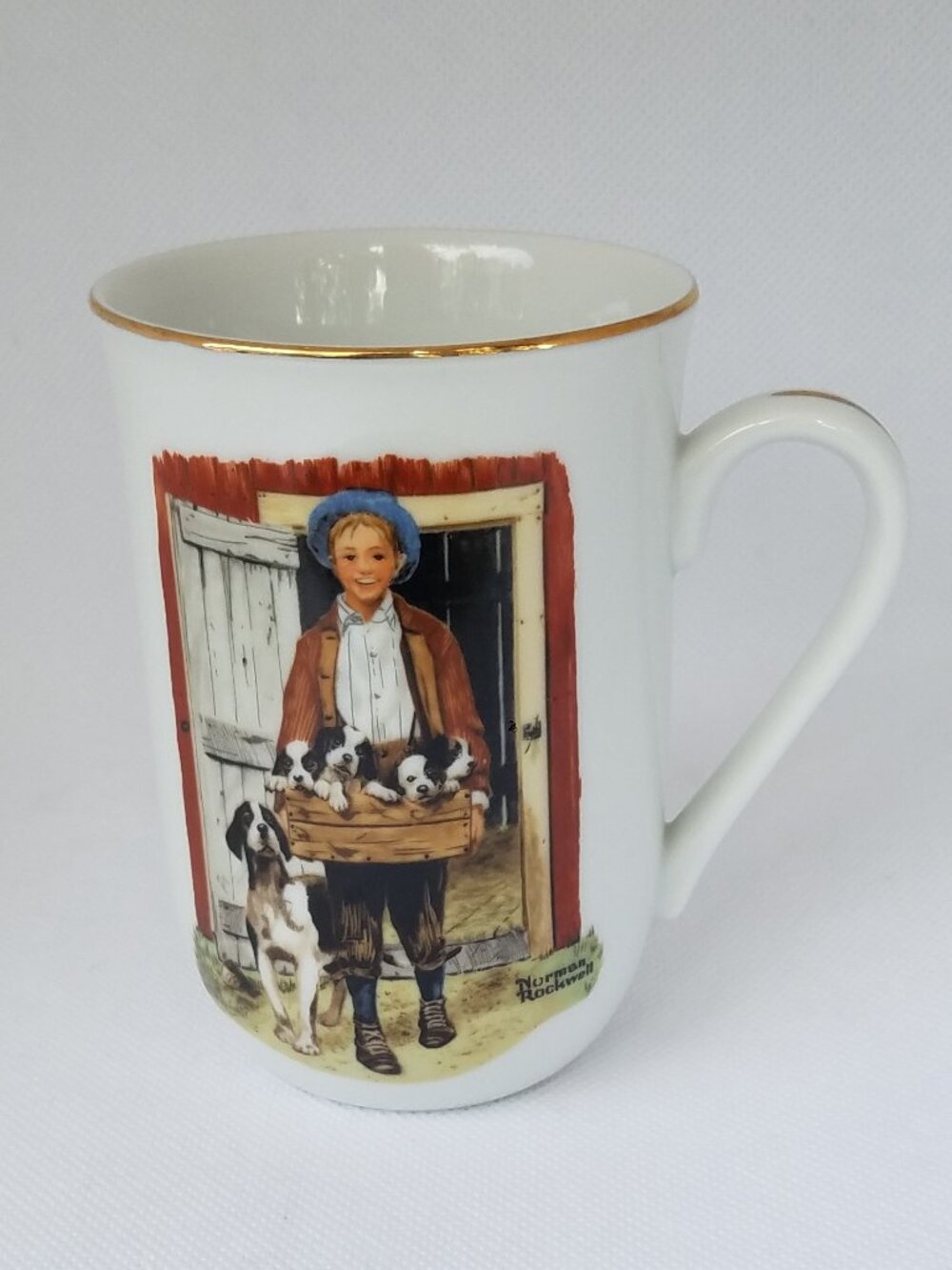 Vintage Norman Rockwell Museum "Puppy Love" Porcelain Mug with 24K Gold Trim